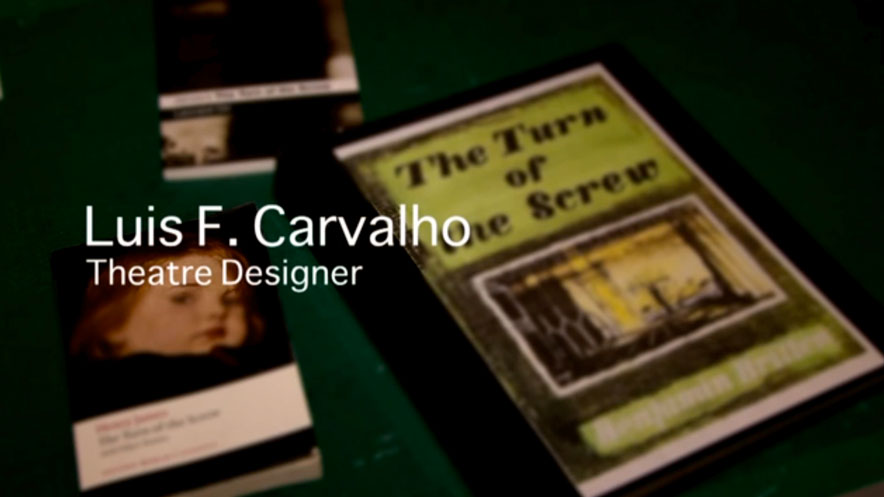 Professional introduction video. Luis F Carvalho name text over image showing book called The Turn of the Screw