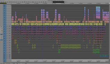 Preparing for video editing. A screen grab of an Avid time-line featuring 11 vision tracks and 17 audio tracks