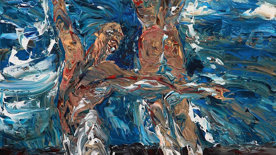 Video art editor. An oil painted abstract image of two male figures moving up through the sky.