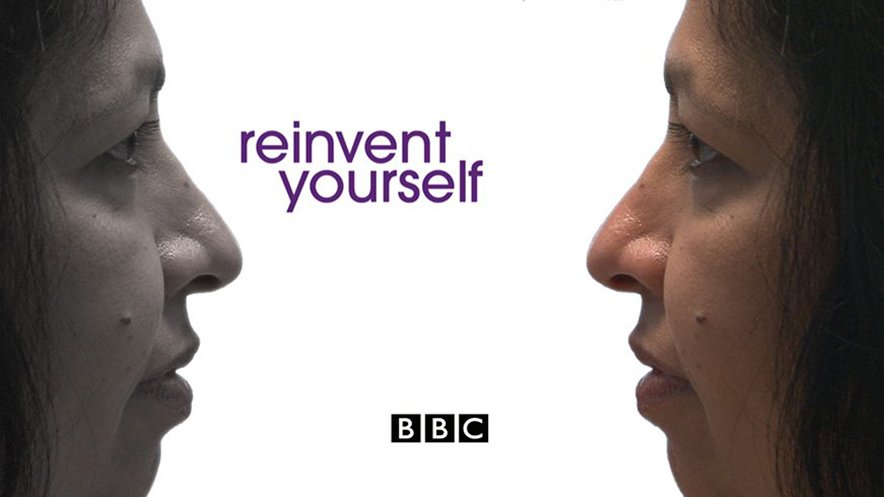 Training video production. Screen grab from the film. Two images of the same person look at each other separated by the words reinvent yourself.