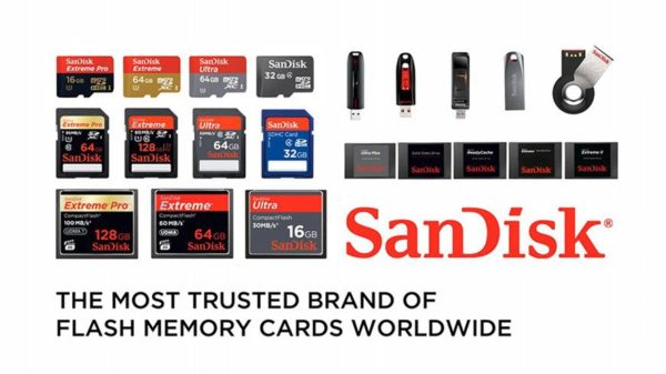Agency video editing screen grab showing flash memory cards and devices with SanDisk logo