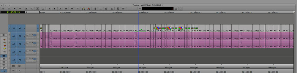 Editing sync sound Avid timeline showing straight cut video and audio edits