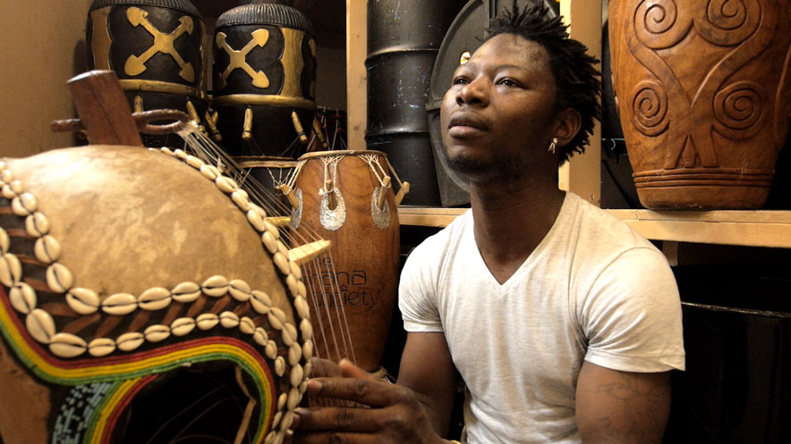 Filming music. Picture of Korole Moussa a musician, dancer and teacher of African culture.
