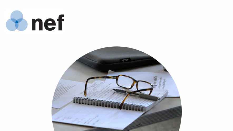 Learning event video production. NEF logo over a white background with a circular cut out showing a pair of glasses and notebook.