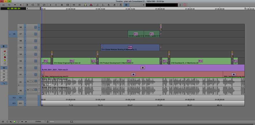 Screen grab image of Avid editing timeline showing different tracks with multiple effect layers