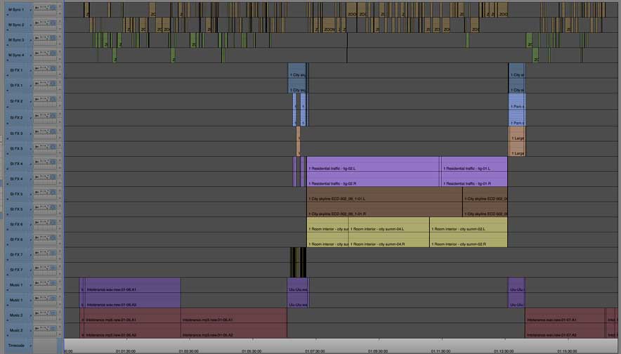 Video audio syncing screen shot of computer editing application timeline showing large collection of audio tracks