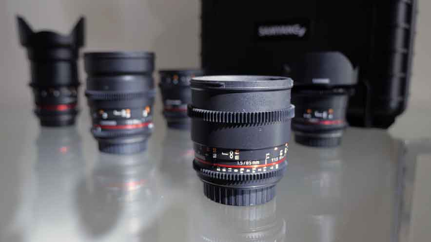 Samyang prime lenses. Photograph of five lenses
