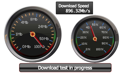 Full fibre connected video editing suite showing speed test dials in progress