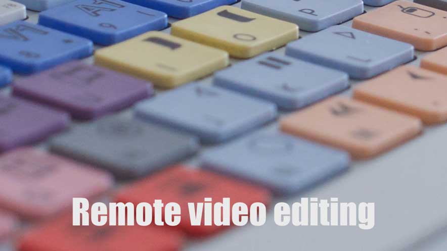 Remote video editing. Close up of coloured Avid Media Composer keyboard with white text overlay