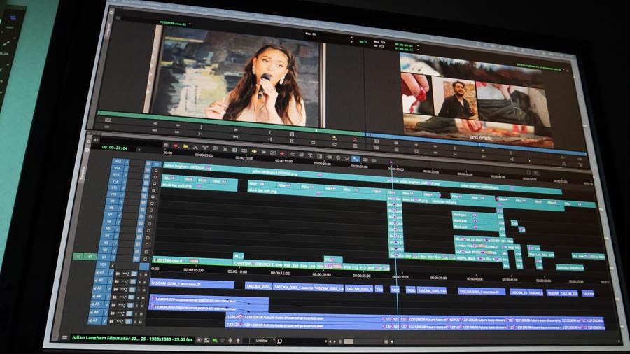 Photograph of Avid software on a monitor showing the editing timeline of a 60 second showreel edit to help explain questions about video editing
