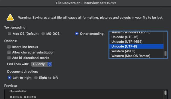 Word .txt file conversion showing Word dialogue box options