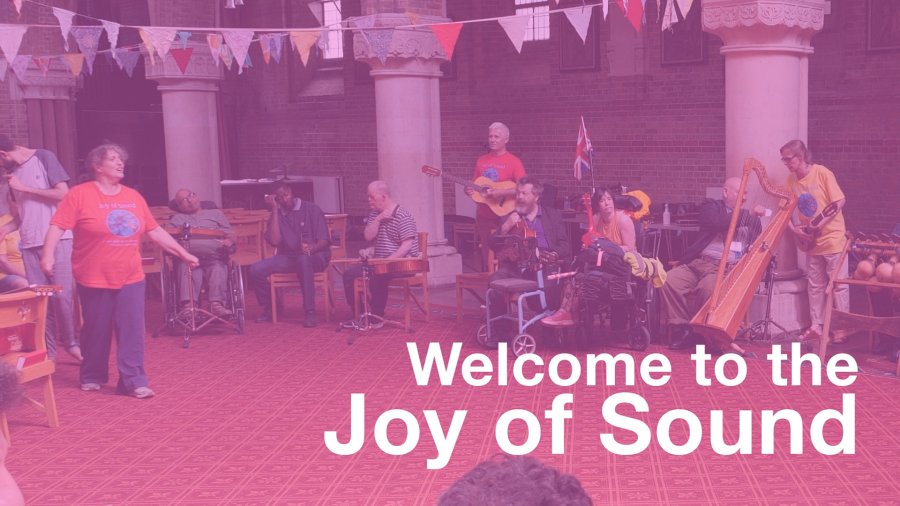 Signed video production showing workshop in progress with full frame pink wash and white text overlay reading Welcome to Joy of Sound.
