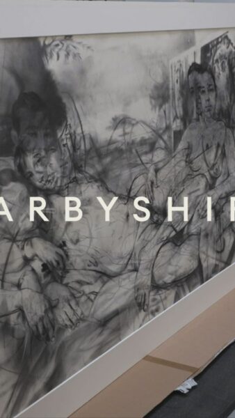 1:1 social reels showing Darbyshire white logo over large artwork being handled by two men.